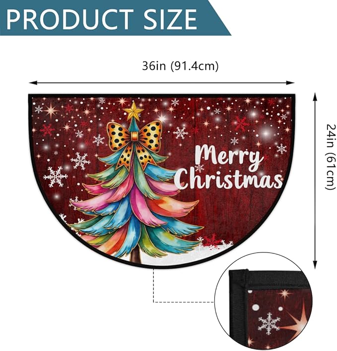 Christmas Half Round Door Mat, Merry Christmas Tree Snowflakes Semicircle Door Mats, Non Slip Area Rug Soft Doormat for Indoor Entrance Wear Resistant Welcome Mat for Garage Patio Home 24 x 36 In