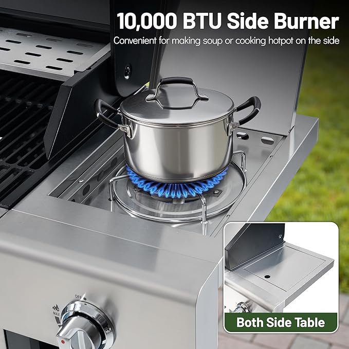 4-Burner Propane Gas BBQ Grill with Wheels, 40,000 BTU Output Stainless Steel Barbecue Grill for Backyard, Outdoor Cooking Easy Assembly, Foldable Side Tables & Spice Rack (Silver)