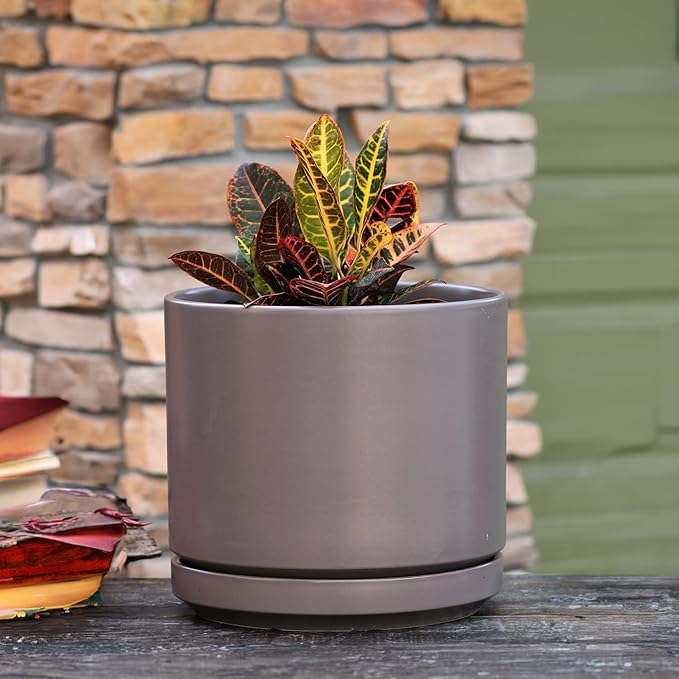 Mid Modern Planter with Detached Saucer (Pastel Taupe,12.0" D x 10.5" H)