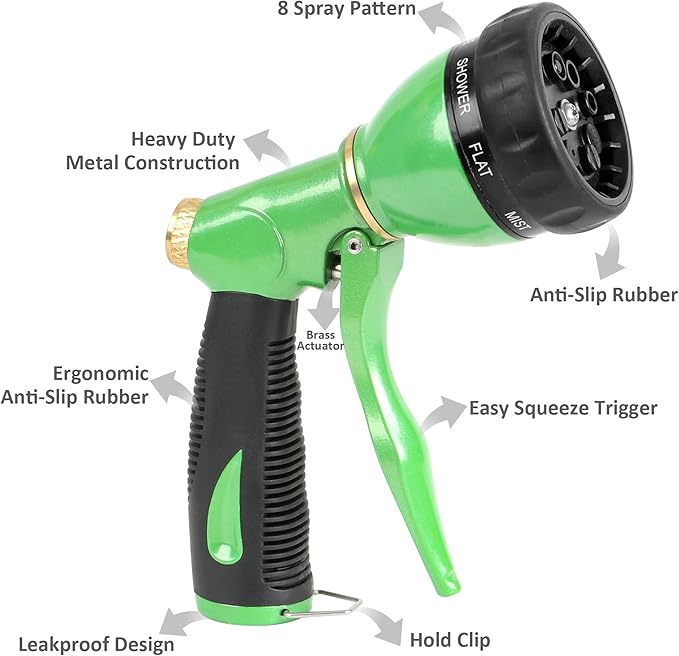 STYDDI Pro Ultra Heavy Duty Multi-Patterns Garden Hose Nozzle, All Metal Hose Nozzle with 8 Spray Patterns, Perfect for Plant Watering, Car Washing, Window Cleaning, Pet Showering, Green