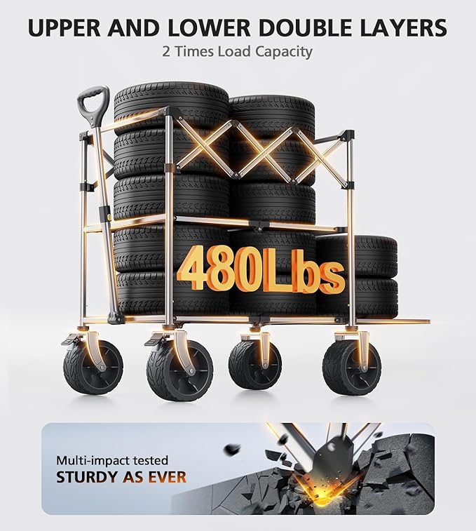 Sports Wagon Carts,480Lbs Double Decker Wagon,Foldable Lounge Wagon with Tank Wheels&Side Pocket&Dustbag,New Wave Garden,Camping,Shopping,Beach Wagon to Family Trips and Outdoors Time-Brown