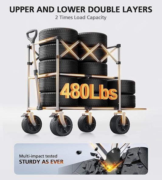 Sports Wagon Carts,480Lbs Double Decker Wagon,Foldable Lounge Wagon with Tank Wheels&Side Pocket&Dustbag,New Wave Garden,Camping,Shopping,Beach Wagon to Family Trips and Outdoors Time-Brown