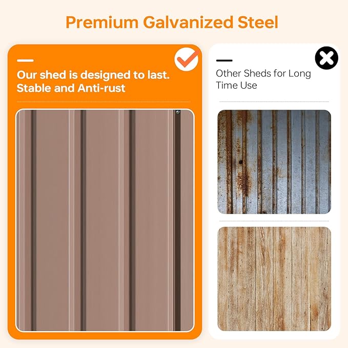 8x12 FT Outdoor Storage Shed, Utility Steel Tool Shed with Lockable Door and Air Vents, Galvanized Metal Shed for Garden Backyard Patio Lawn (8'x12', Brown)