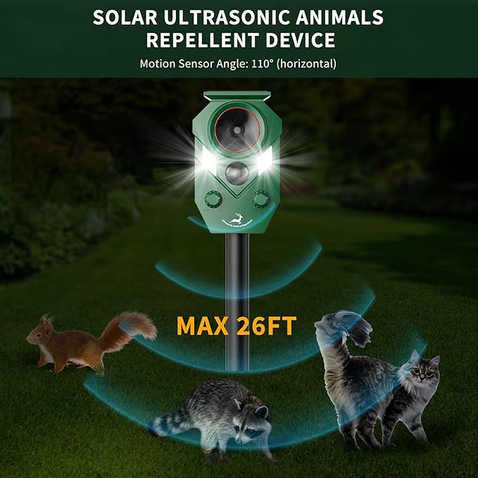 Ultrasonic Deer Repellent Outdoor, Solar-Powered Waterproof Animal Repellent Device for Yard, Garden, and PlantsEffective Repel Cat, Dog, Squirrel, Deer, Raccoon, Rabbit, and Skunk (4)