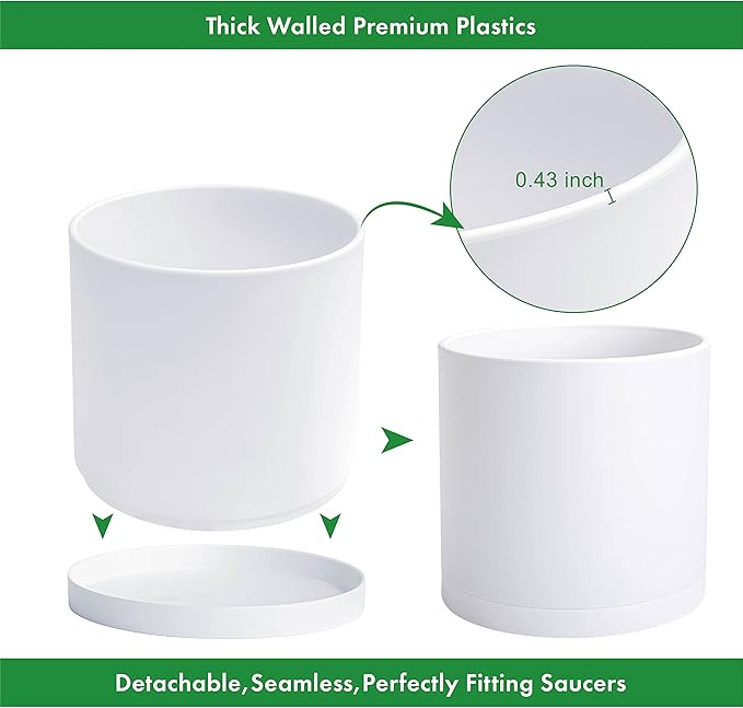 D'vine Dev 2 Pack 14 Inch Modern Plastic Plant Pots, Cylindrical Garden Planters for Plants with Drainage Holes and Saucers, White, 74-Z-Q-1