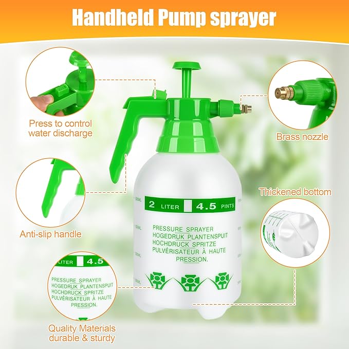 4 Pcs 1/2 Gallon Plastic Handheld Pump Sprayer – Garden Pressure Sprayer Bottle with Adjustable Nozzle for Plants, Cleaning, Household Tasks – White & Green