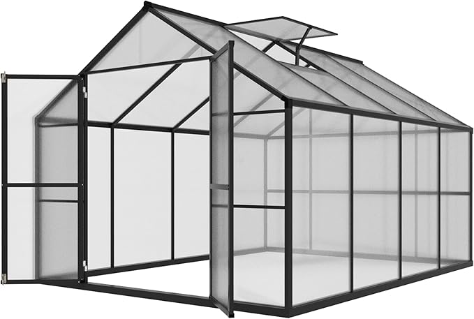 8x8 FT Outdoor Greenhouse Kit, Polycarbonate Aluminum Walk-in Greenhouse with Adjustable Roof Vent and Lockable Door, Backyard Garden in Winter, Gray