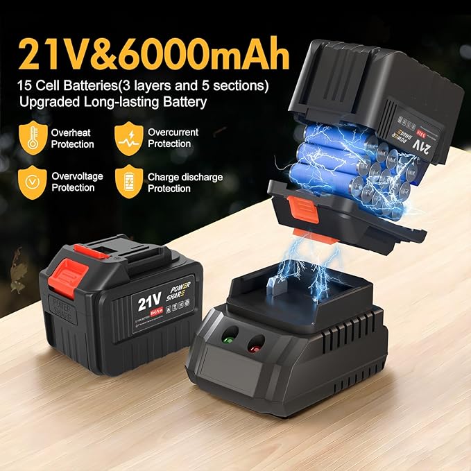 Leaf Blower Cordless, 21V Battery Powered Leaf Blower with 2 x 6.0Ah Batteries and Charger, 6 Speed Levels, 650 CFM 280 MPH Lightweight Leaf Blowers for Lawn Care, Patio, Dust, Blowing Leaves, Snow