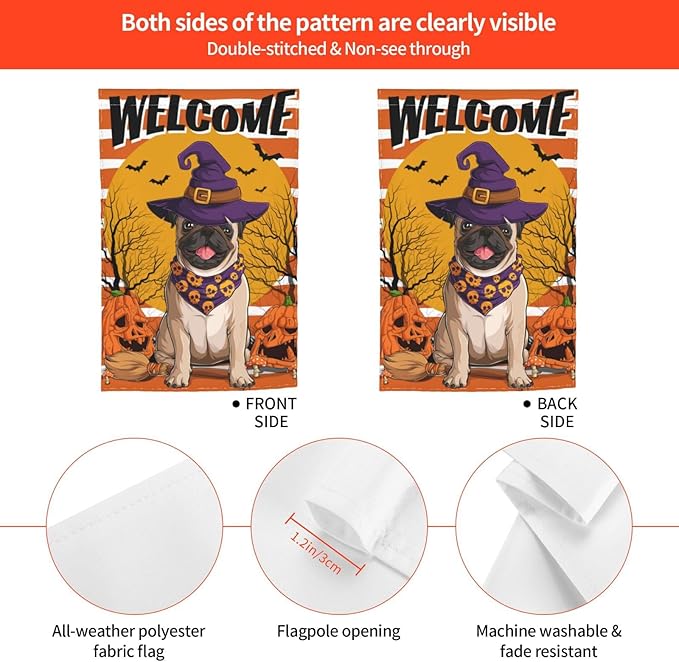 Halloween Pug Dog Pumpkin Bat Skull Garden Flag Welcome Party Outdoor Outside Decorations Picks Home House Garden Yard Decor 12x18 Inch