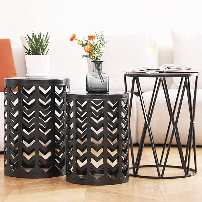 Y&M Nesting Side Table, Set of 3 Stacking Coffee Table for Living Room, Indoor End Tables, Outdoor Decorative Garden Stool with Heavy Duty Metal Frame Modern Industrial Decor - Pure Black