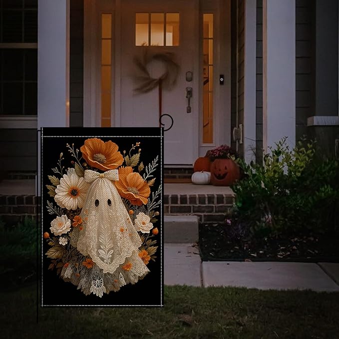 Halloween Garden Flag 12 x 18 Inch Double Sided Ghost Flower Bow Designs Fall Autumn Burlap Yard Flag for Outside Rustic Yard Outdoor Holiday Home Decoration