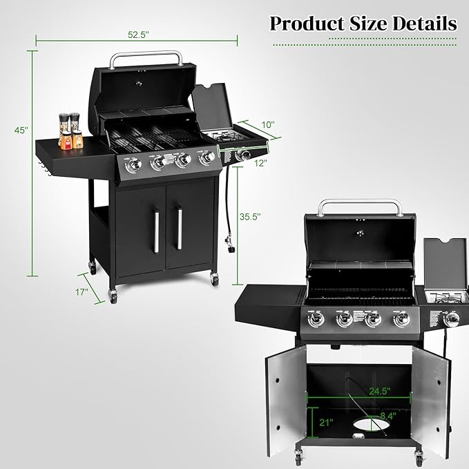 Bonnlo 4 Burner Propane Grills with Side Burner and Porcelain-Enameled Grates, 58000BTU Gas Grill with Side Shelf and Portable Rolling Wheels, Grill for Outdoor Cooking BBQ Patio Backyard