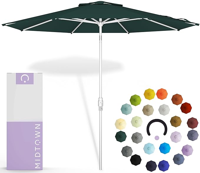 Midtown Umbrellas The Swilt 10 Feet Patio Umbrella in Terylast Forest (Dark Green) Polyester Fabric - Fiberglass Ribs, Auto-Tilt Aluminum Frame For Backyard, Deck, Garden, Pool - White Pole