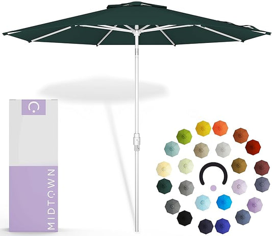 Midtown Umbrellas The Swilt 10 Feet Patio Umbrella in Terylast Forest (Dark Green) Polyester Fabric - Fiberglass Ribs, Auto-Tilt Aluminum Frame For Backyard, Deck, Garden, Pool - White Pole
