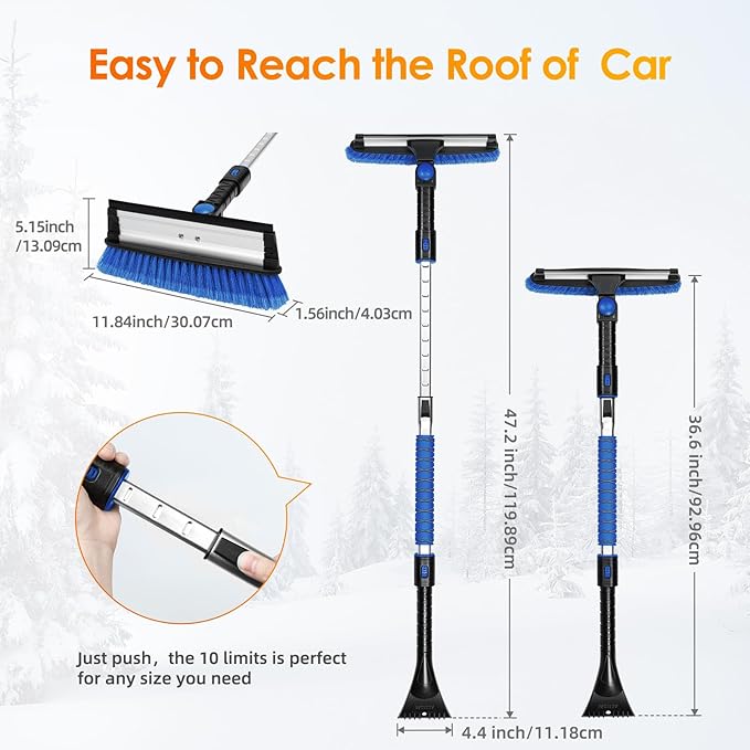 AstroAI 47.2" Ice Scrapers for Car Windshield, 3 in 1 Sturdy Snow Brush with Squeegee, 10 Adjustable Length Settings, Extendable Aluminum Handle, 180° Pivoting Snow Scraper for Car, Truck, SUV(Blue)