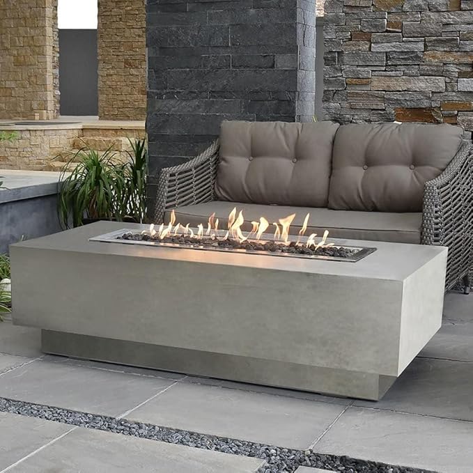 Elementi Granville Gas Fire Pit Cast Concrete Fire Table, Outdoor Fire Pit Electronic Ignition | Canvas Cover, Lava Rock Included | Free AMS Wind Guard | Light Gray (Propane Gas)