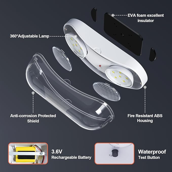 Wet Location Rated Outdoor Emergency Light,Waterproof Exterior Led Emergency Lights with Battery Backup,Adjustable Heads,Commercial Hardwired Emergency Lighting,UL Listed,120-347V (6 Pack)