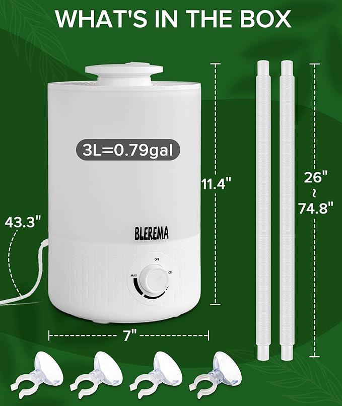 3L No Leak Plant Humidifiers for Grow Tent Greenhouse and Grow Room, Top-Fill, Auto Shut Off, with Extendable Targeting Hose Perfect for Indoor Plant Care and Humidity Control (Single Dual Fog Output)