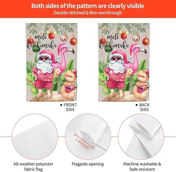 Santa Mele Kalikimaka Flamingo Christmas Hawaii Garden Flag Welcome Party Outdoor Outside Decorations Picks Home House Garden Yard Decor 12x18 Inch