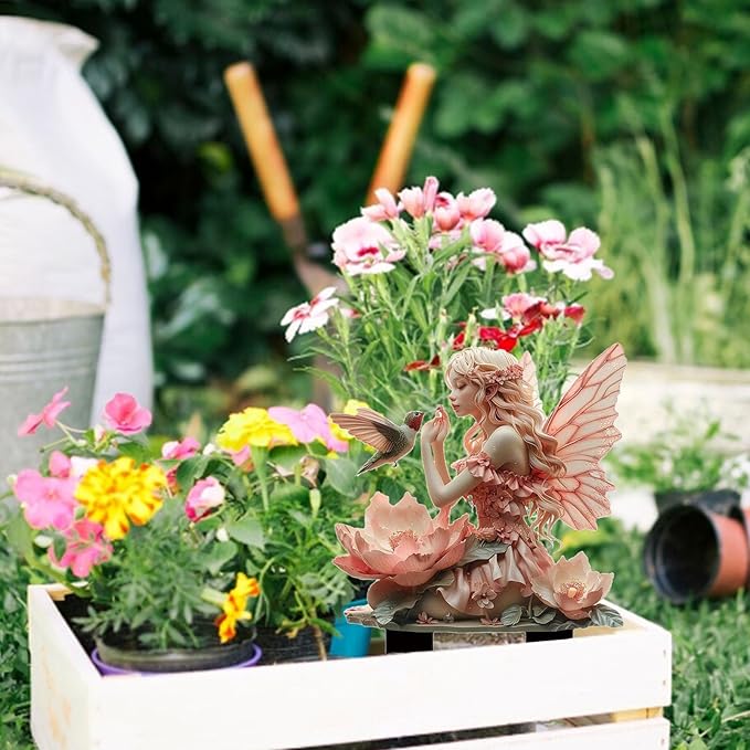 Fairy Garden Stake Decor, 2D Flat Acrylic Fairy Garden Decor Panel, Elf Yard Sign for Outdoor Indoor Yard Lawn Plants Pots, Fairy Yard Accessories (Fairy and Hummingbird)