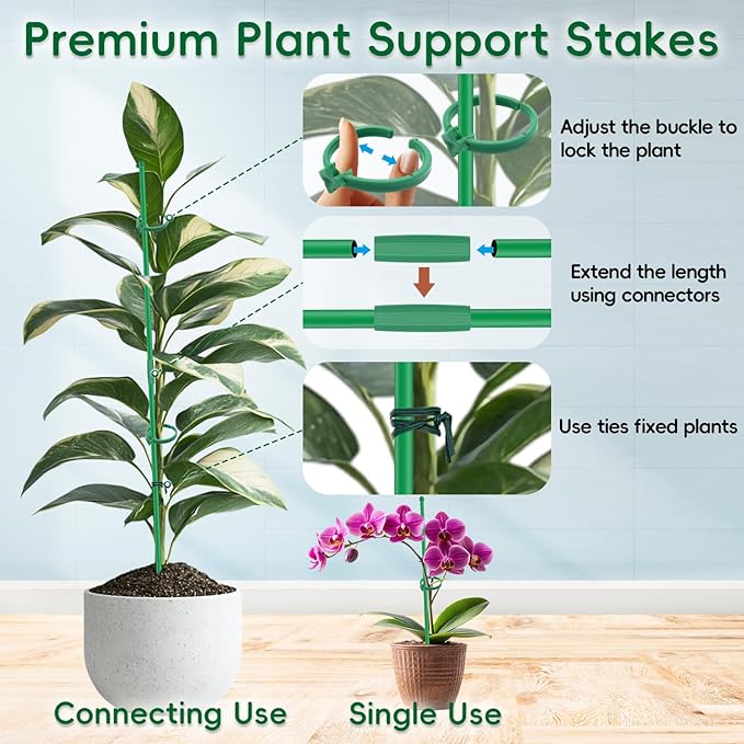 Plant Stakes 14.2Inch, BOVITRO 16Pcs Garden Stakes with Clips for Indoor Outdoor Plants, Adjustable Length Plant Support Stakes, Orchid Stick, Tomato Beans Vegetable Stakes for Garden