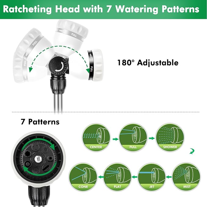 RESTMO 36”-60” Metal Watering Wand, Long Telescopic Tube | 180° Adjustable Ratcheting Head | 7 Spray Patterns | Flow Control, Garden Hose Sprayer to Water Hanging Baskets, Shrubs, White