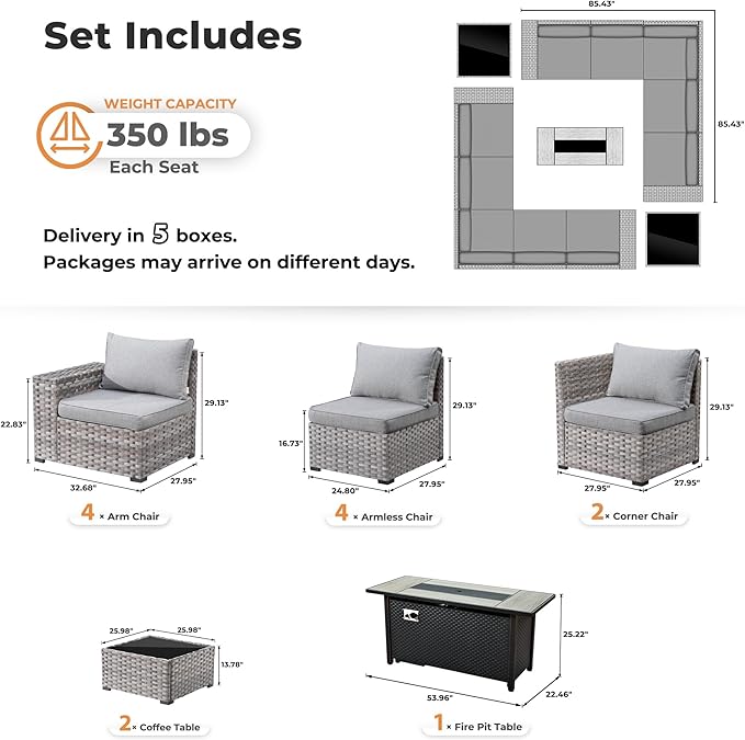 ovios 13 Pieces Patio Furniture Set, Outdoor Wicker Sectional Sofa with 54 Inch Fire Pit Table Comfy Cushions, Modern Modular Deep Seat Rattan Couch Conversation Set, Dark Grey