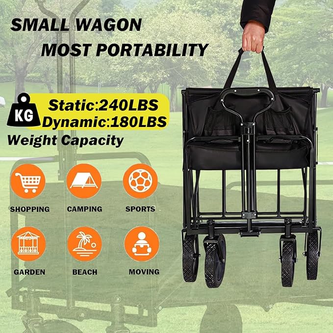 Collapsible Wagon Cart, Heavy Duty Folding Wagon with Telescopic Handle, Double Cloth Pockets, Portable Utility Garden Cart with All-Terrain Wheels for Shopping, Sports, Camping, Black