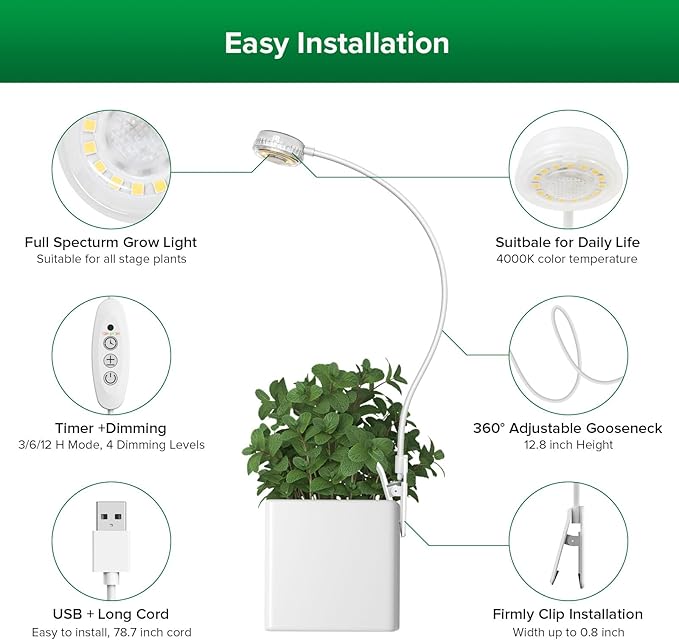 SANSI Grow Lights for Indoor Plants, Pot Clip LED Plant Lights for Indoor Growing, Full Spectrum, with 4-Level Dimmable, Auto On Off 3 6 12 Hrs Timer for Small Plants, Gardening Gifts White 5V 4-Pack