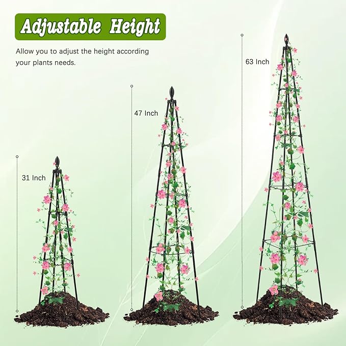 2 Pack Garden Trellis for Climbing Plants Outdoor,63inch Tall Rustproof Metal Obelisk Trellis Support for Potted Vines Vegetable Plants Indoor Outdoor, Lightweight