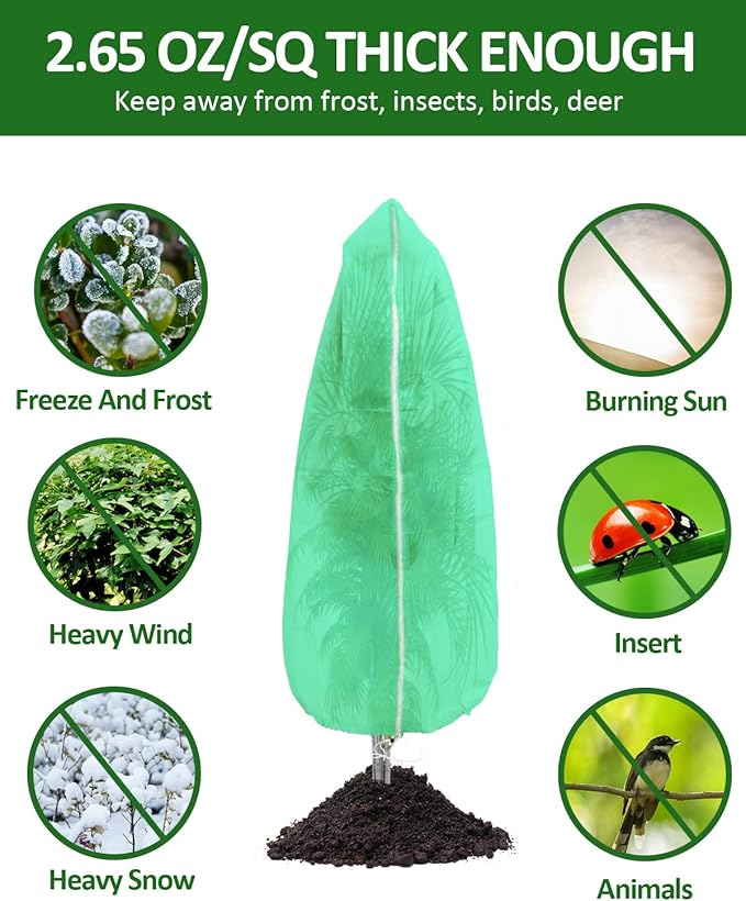 EAONE 4 Pack Plant Covers Freeze Protection, 47x71'' Winter Frosts Cloth for Outdoor Plants, Reusable Frost Blankets Drawstring Bags for Cold Freeze Sun Protection Bird Insect Prevention, Green