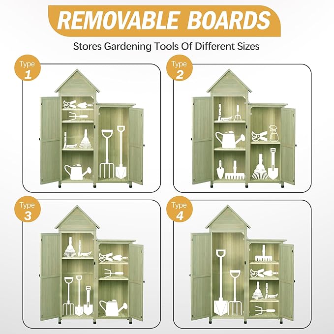 Outdoor Storage Cabinet - Waterproof Metal Roof & Wooden Vertical Design, Tall Garden Tool Shed with Multiple Shelves for Patio, Backyard, Lawn, Yard (Green, 22" x 46" x 67")