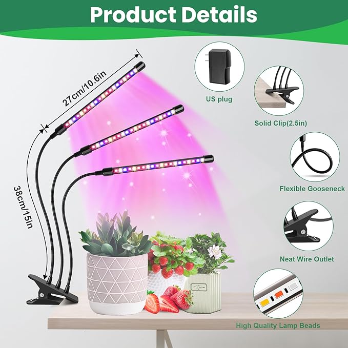 Garpsen Plant Lights, 3 Heads Red Blue Warm White Full Spectrum Grow Lights for Indoor Plants, 60 LEDs Led Grow Light for Seed Starting, with Auto ON/Off 6/12/16H Timer, 5 Dimmable Levels
