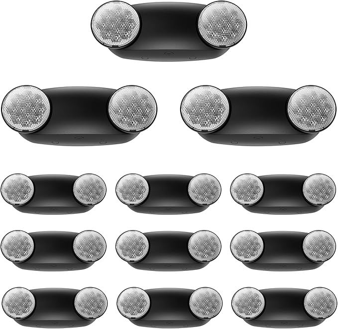 12 Packs Black Emergency Lights with Battery Backup Two Adjustable Bug Eye -UL 924 Certified Emergency Exit Signs-120-277VAC/Commercial Emergency Lights Fixtures/Hardwired Indoor Exit Lights.