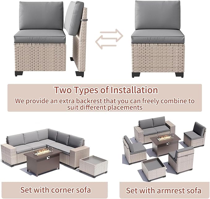 7 Pieces Patio Furniture Set with Propane Fire Pit Table, Outdoor Sectional Wicker Sofa with Cushions and Coffee Table, High Back Rattan Patio Conversation Sets, Grey
