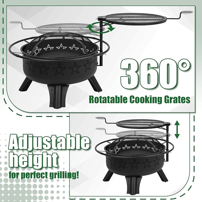 31" 2-in-1 Wood Burning Fire Pit with Swivel BBQ Grills & Spark Screen for Outside - Heavy Duty Outdoor Firepit with Charcoal Pan, Log Rack & Poker - for Backyard, Patio, Garden Bonfire