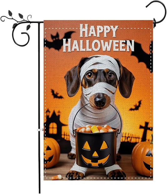Fokongna Happy Halloween Dog Garden Flag, Halloween Pumpkin Yard Decor Flag, 12x18 Inch Burlap Vertical Double Sided Flags, for Home Yard Outside Decorations