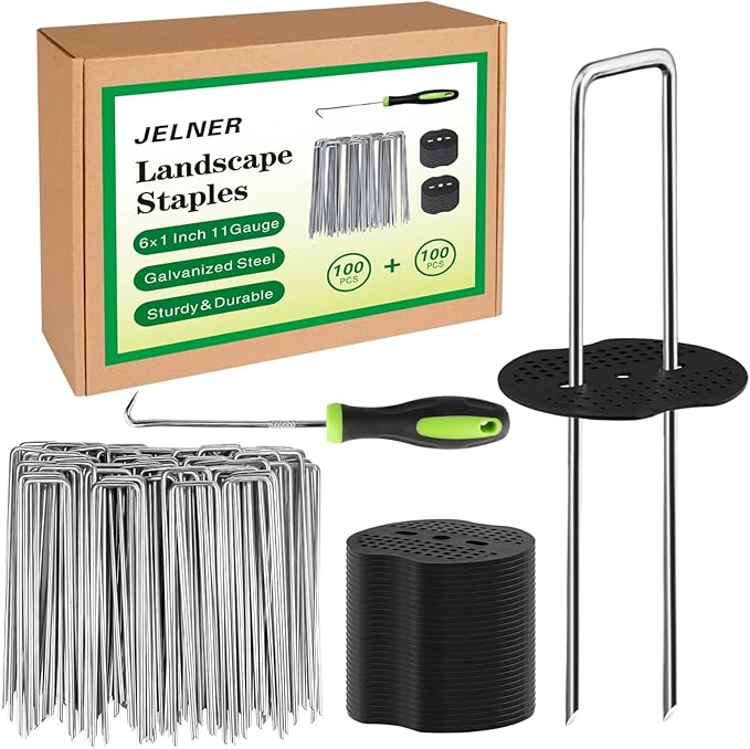 Garden Stakes,6 Inch 11 Gauge 100pcs Galvanized Landscape Staples + 100pcs Gaskets + 1Pick Hook, Tent Stakes Landscaping Fabric SOD Pins for Weed Fabric Barrier,Groud Cover,Fence