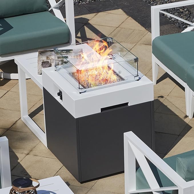 MBY 22" Aluminum Fire Pit Table, 37,000 BTU Gas Firepit for Outdoor Patio Deck and Garden, CSA Certified Fire Pit with Lid, Waterproof Cover, Glass Wind Guard and Glass Stone, White