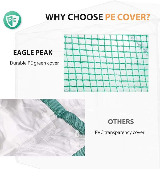 EAGLE PEAK Replacement Cover for 10x10 Portable Walk-in Pop up Greenhouse, Front Roll-Up Zipper Entry Door and 2 Large Roll-Up Side Windows (Frame Not Included), Green