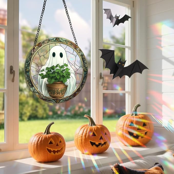 Halloween Sun Catcher - 8 Inch Round Suncatcher for Window Hanging Decoration - Creates Indoor Rainbows Light Refraction - Spooky Ghost, Witch, Pumpkin Design - Suction Cup Hook & Chain