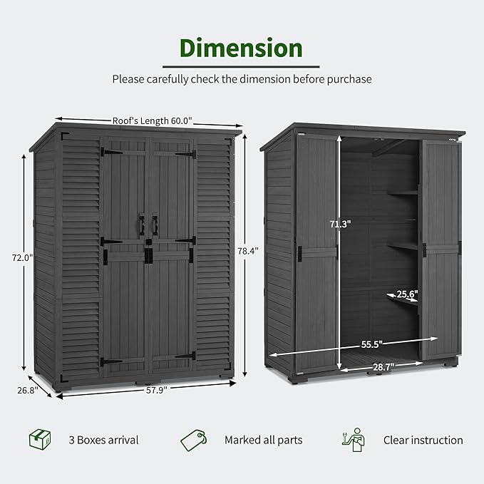 Macrout Large Outdoor Storage Cabinet with 6 Shelves (4.8 x 2.2 x 6.5 ft), Outside Storage Shed with Lock, Wooden Garden Shed for Yard Patio Lawn, 1738 (Gray)