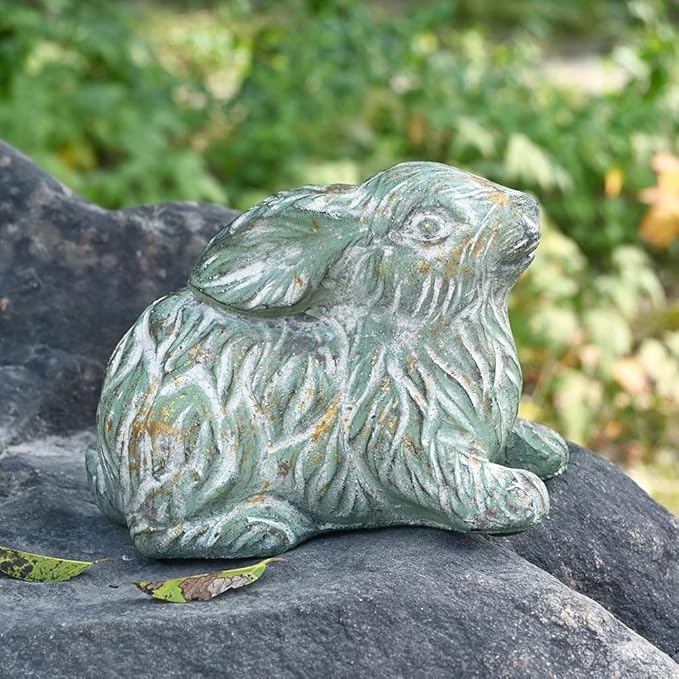 Garden Rabbit Statue Cement Bunny Decor Easter Bunny Figurines for Home Outdoor Garden Statues Cement Sculpture for Yard Patio Lawn Ornament, Green