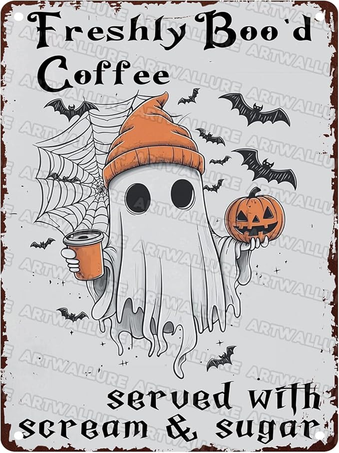 Halloween Rustic Metal Tin Sign Freshly Boo’d Coffee Vintage Fall Decor Retro Tin Plaque Kitchen Wall Art Metal Poster Home Iron Painting Wall Decor 12x16inch