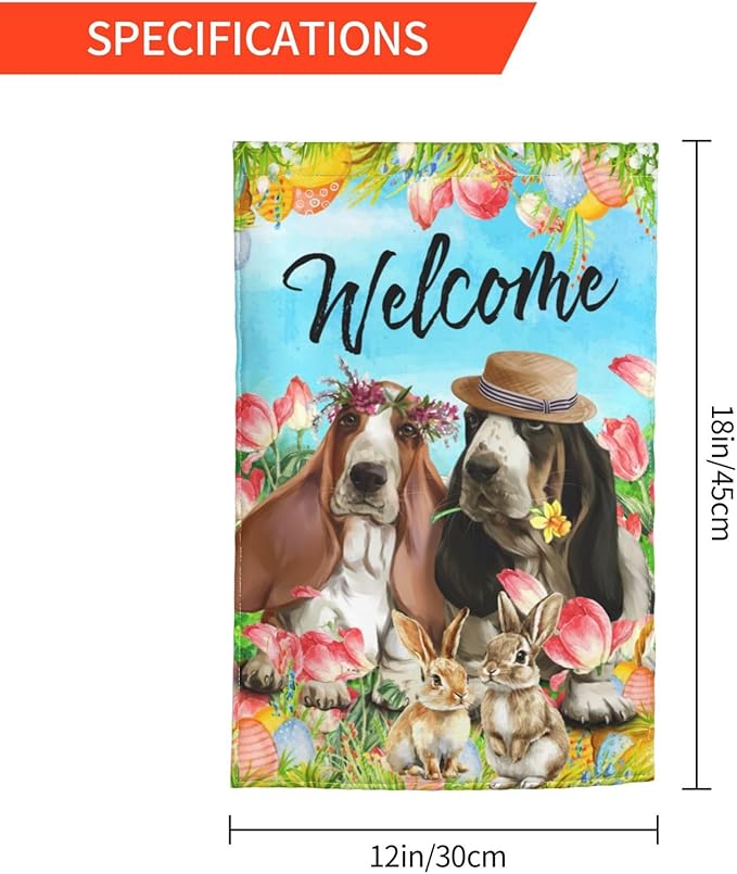 Happy Easter Basset Hound Dog Flowers Eggs Bunny Garden Flag Welcome Party Outdoor Outside Decorations Picks Home House Garden Yard Decor 12x18 Inch