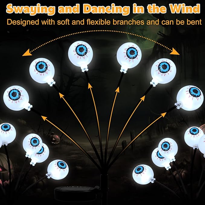 Set of 3 Halloween Eyeball Lights Outdoor Solar Pathway Lights with 18 Cool White LEDs for Garden Yard Lawn Patio Decorations