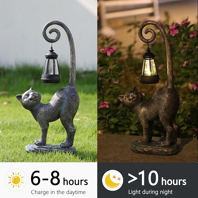Halloween Decorations Outdoor Cat Garden Statues with Solar Lights, Fall Home Decor Cat Figurines for Lawn,Patio,Balcony,Porch,Yard Art Ornament- Birthday Gifts for Women Grandma Sister