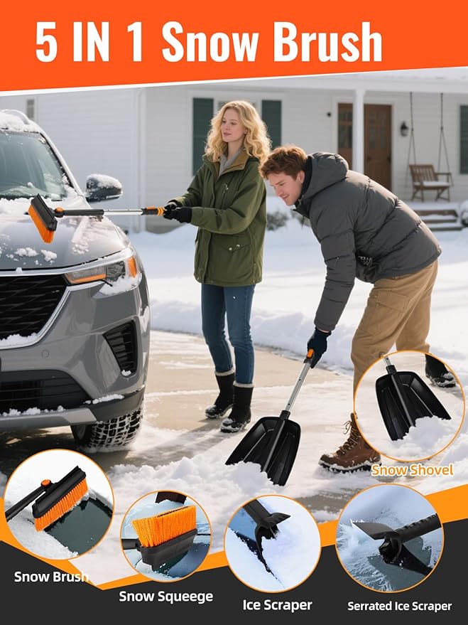 5 in 1 Multi-Functional Snow Brush Ice Scraper and Shovel Kit with Detachable Ergonomic Foam Grip for Car Automobile Vehicle Window SUV Truck Windshield Patios Driveways Sidewalks Winter Snow Removal