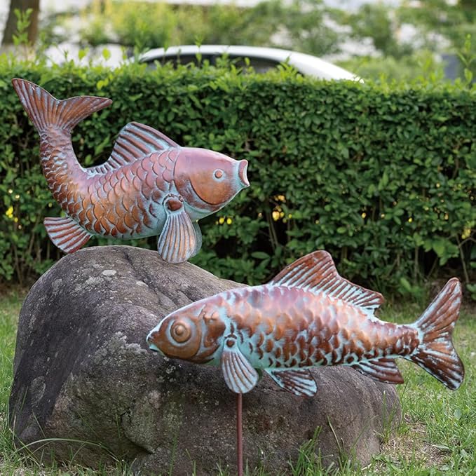 G/N Set of 2 Koi Fish Decor Outdoor Statue Sculpture Garden Pond Fishes Yard Art Antique Copper Koi Sculptures & Statues Large Metal Koi Fish Figurine Ornaments Décor Gifts for Women Mom Grandma