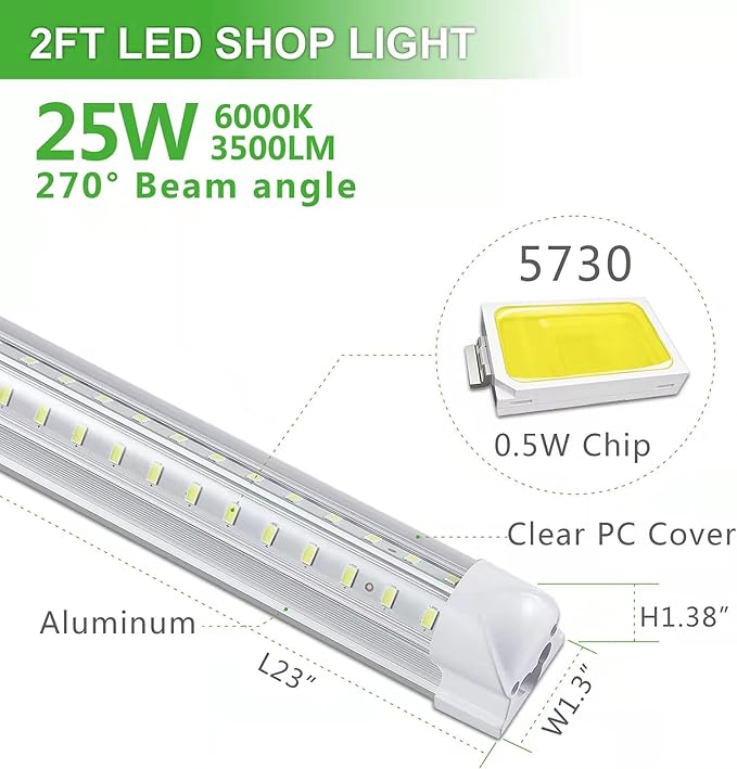 2FT LED Shop Light, 25W 3500LM 6000K/White Super Bright, T8 Integrated LED Tube Light Fixture,Plug and Play, Linkable LED Shop Lights for Room, Garage, Workbench, Under Cabinet (2 Pack)